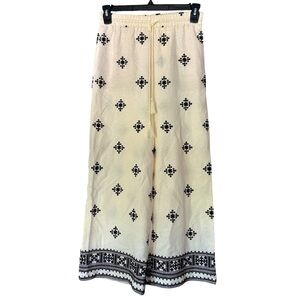 House of Harlow 1960 Linen Blend Cream Pants with Black Embroidery Small